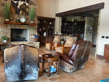 Load image into Gallery viewer, Lifestyle Image From Customer's Home Of TheirBuckeye Southwestern Leather & Cowhide Swivel Glider Recliners