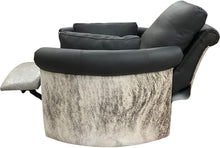 Load image into Gallery viewer, Del Mar Rolled & Rounded Arm Modern Farmhouse Western Grey Leather & Cowhide Swivel Recliner Side With Recliner Extended