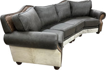 Load image into Gallery viewer, Tetherow Modern Farmhouse Western Gray Leather & Cowhide Curved Sectional Sofa