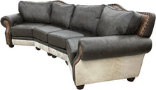 Load image into Gallery viewer, Tetherow Modern Farmhouse Western Gray Leather & Cowhide Curved Sectional Sofa