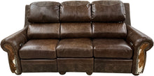 Load image into Gallery viewer, Rustic Lodge Western Dark Brown Leather & Cowhide Double Pillowback Recliner Sofa