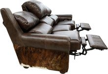 Load image into Gallery viewer, Rustic Lodge Western Dark Brown Leather & Cowhide Double Pillowback Recliner Sofa With Recliner Extended