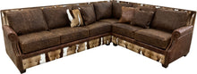 Load image into Gallery viewer, The Springbok Sylvester Sectional Sofa blends Cora Pecan leather, Springbok hides, and Gator Hornback accents in a right arm sofa + square corner + left arm loveseat design. A bold Western statement piece, customizable to fit your home.