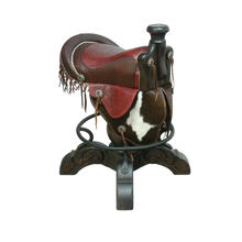 Load image into Gallery viewer, The Bronco Saddle Barstool features a handcrafted full-grain leather saddle seat with cowhide fenders, hand-forged iron medallion, and wood pedestal base. A 180° swivel Western barstool blending authentic cowboy craftsmanship with rustic luxury.