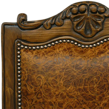 Load image into Gallery viewer, The Matador Dining Chair combines embossed full-grain leather, hand-carved hardwood, and Spanish Colonial artistry. A luxurious Western dining chair handcrafted for beauty, comfort, and endurance. Fully customizable and guaranteed for life.