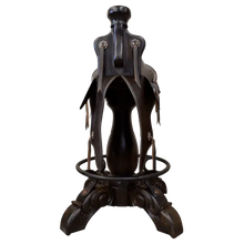 Load image into Gallery viewer, The Mustang Saddle Barstool features embossed turquoise leather, full-grain leather panels, and a hand-forged medallion on a 180° swivel wood base. A handcrafted Western saddle barstool celebrating the artistry and heritage of the American West.