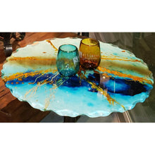 Load image into Gallery viewer, “Artist Series” Glass Table Top with Forged Burnt Polish Iron Arbor Base