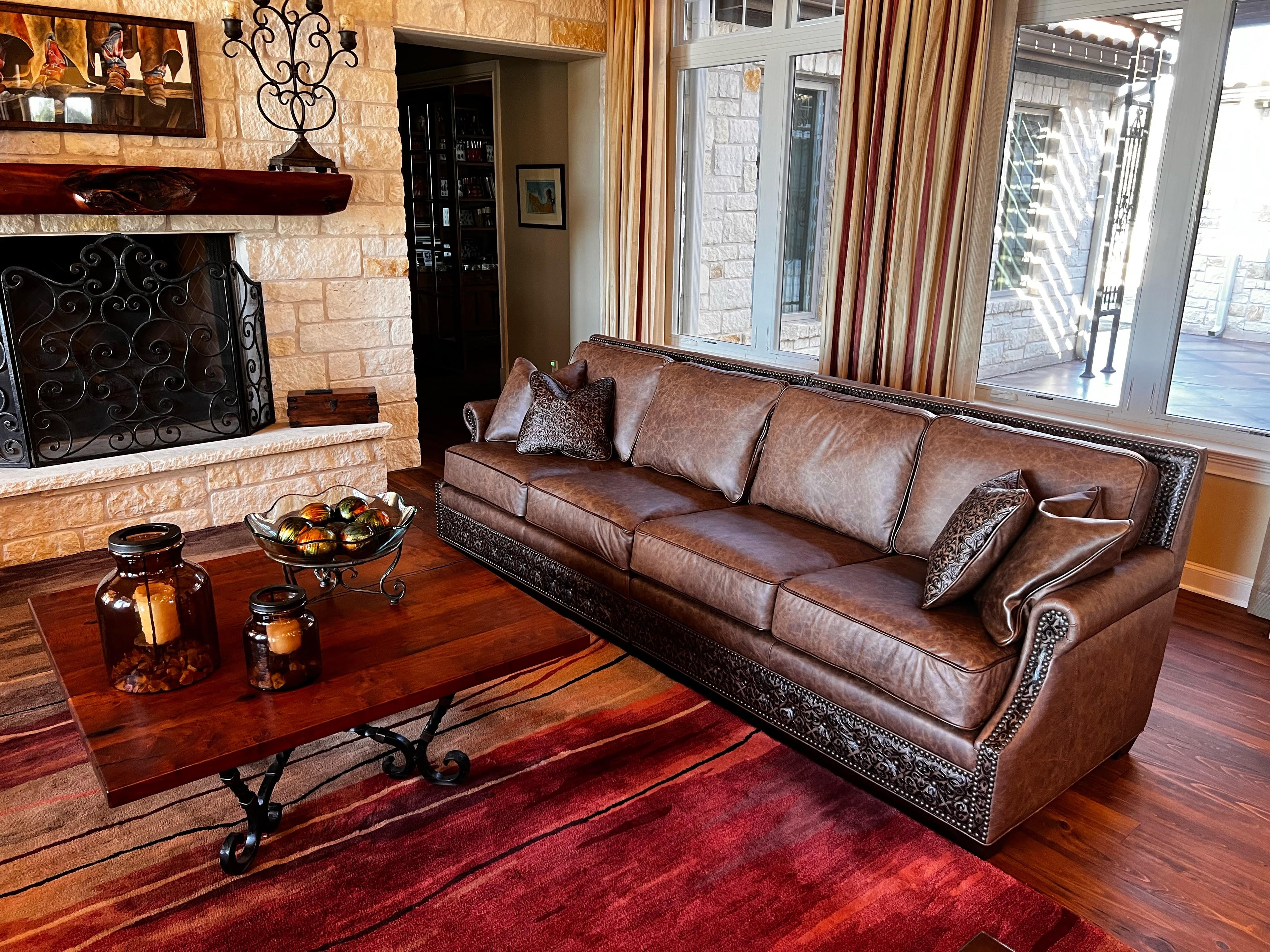 An arrangement of western leather and hide furniture custom designed for clients.
