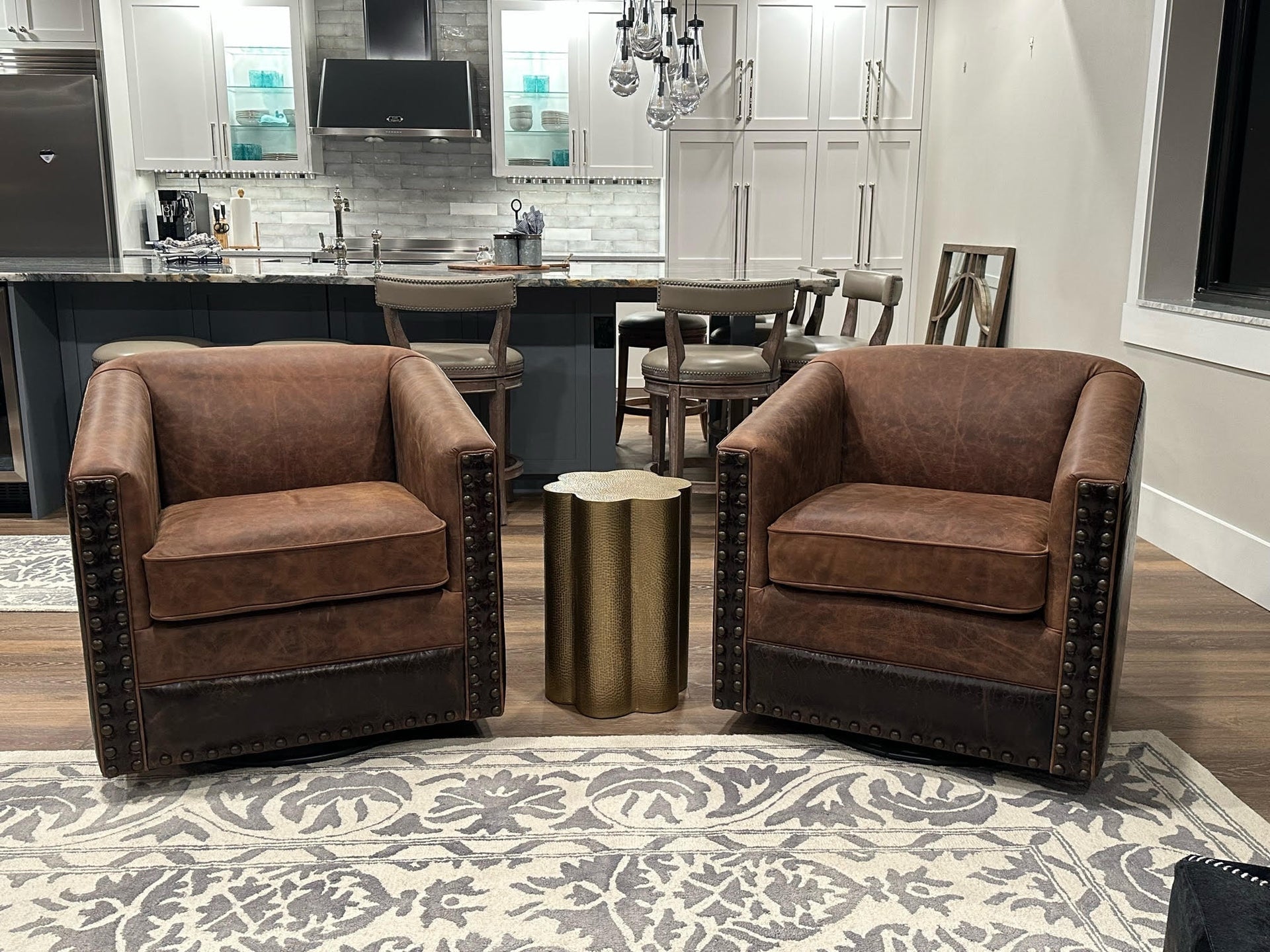 An arrangement of western leather and hide furniture custom designed for clients.