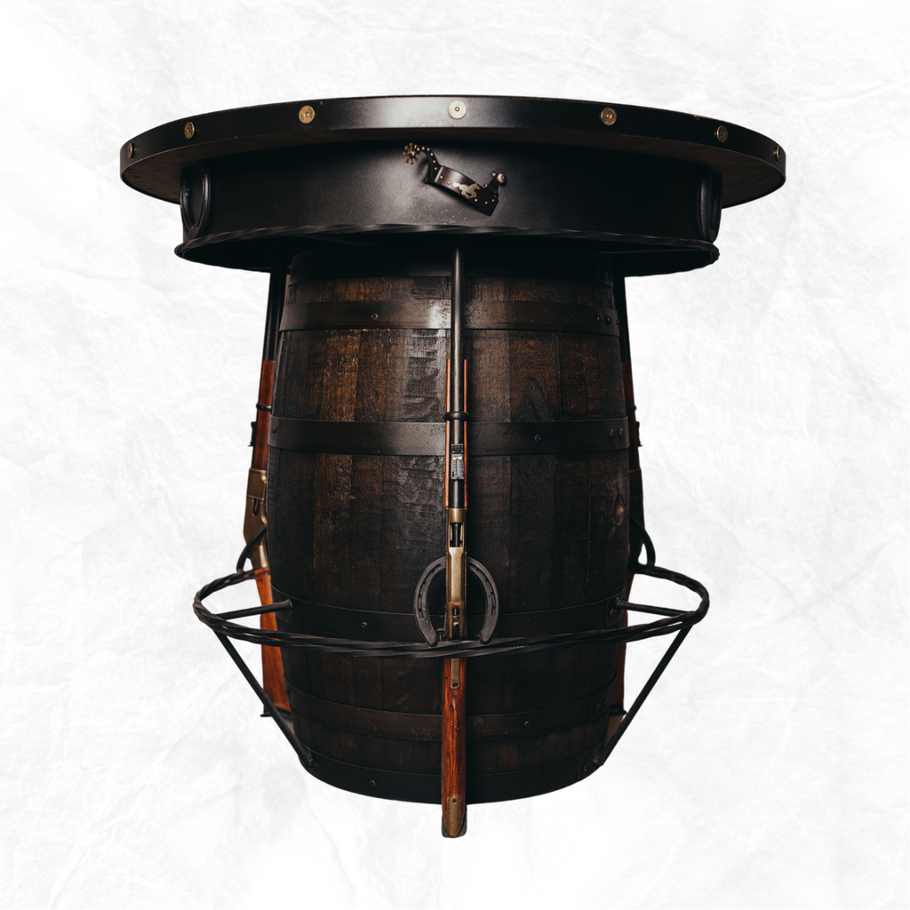 A round pub table with a walnut finish on the top and a metal frame, featuring a black lid and the option to add rifles on the side.