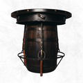 A round pub table with a walnut finish on the top and a metal frame, featuring a black lid and the option to add rifles on the side.