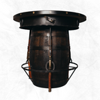 A round pub table with a walnut finish on the top and a metal frame, featuring a black lid and the option to add rifles on the side.