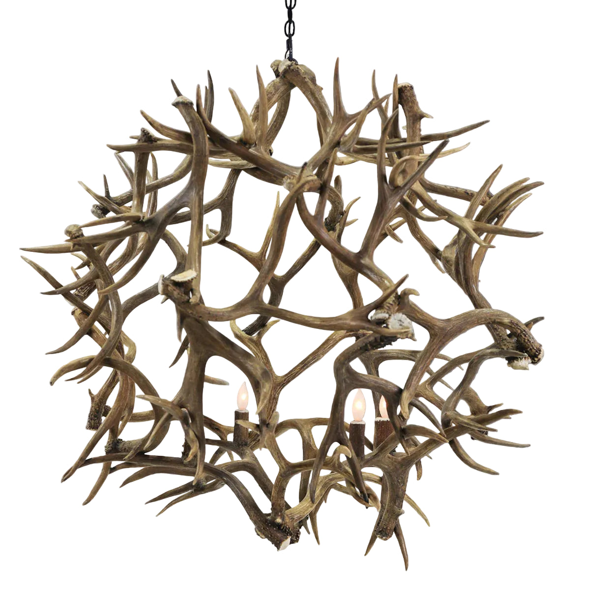 Antler chandelier with three light bulbs on a gray background