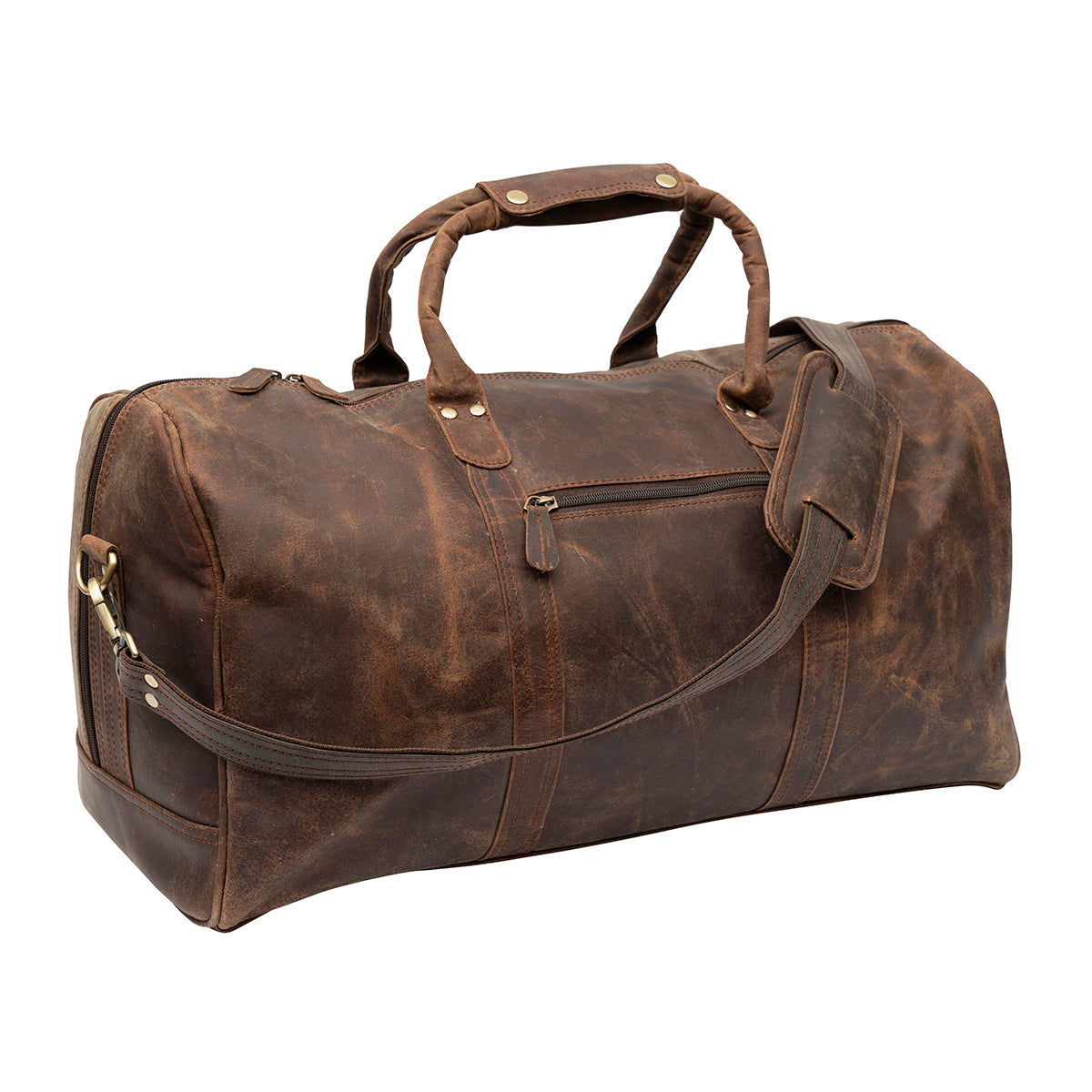 This full-grain leather duffel bag features premium distressed leather, brass hardware, and multiple compartments. A handcrafted, durable weekender bag built for travel, adventure, and timeless style.