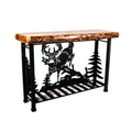 A rustic style console table featuring a 3D wooded deer scene on an iron frame with an aspen wood top and a live edge finish.