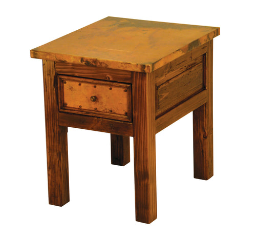 Montana Copper Nightstand – Reclaimed wood with copper top and drawer. Rustic, durable, and ideal for western or lodge-style spaces.