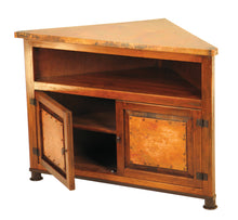 Load image into Gallery viewer, Save space in style with the Paloma Copper Corner Nightstand, featuring hand-hammered copper, reclaimed wood, and clever corner design with ample storage.