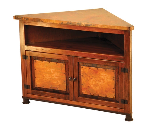Save space in style with the Paloma Copper Corner Nightstand, featuring hand-hammered copper, reclaimed wood, and clever corner design with ample storage.