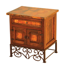 Load image into Gallery viewer, Country Nightstand in reclaimed wood with copper panels and Emily iron base. Rustic, customizable design with multiple wood, paint, and iron finish options.