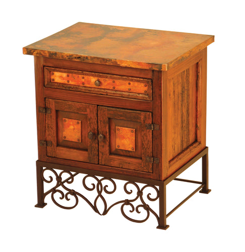 Country Nightstand in reclaimed wood with copper panels and Emily iron base. Rustic, customizable design with multiple wood, paint, and iron finish options.
