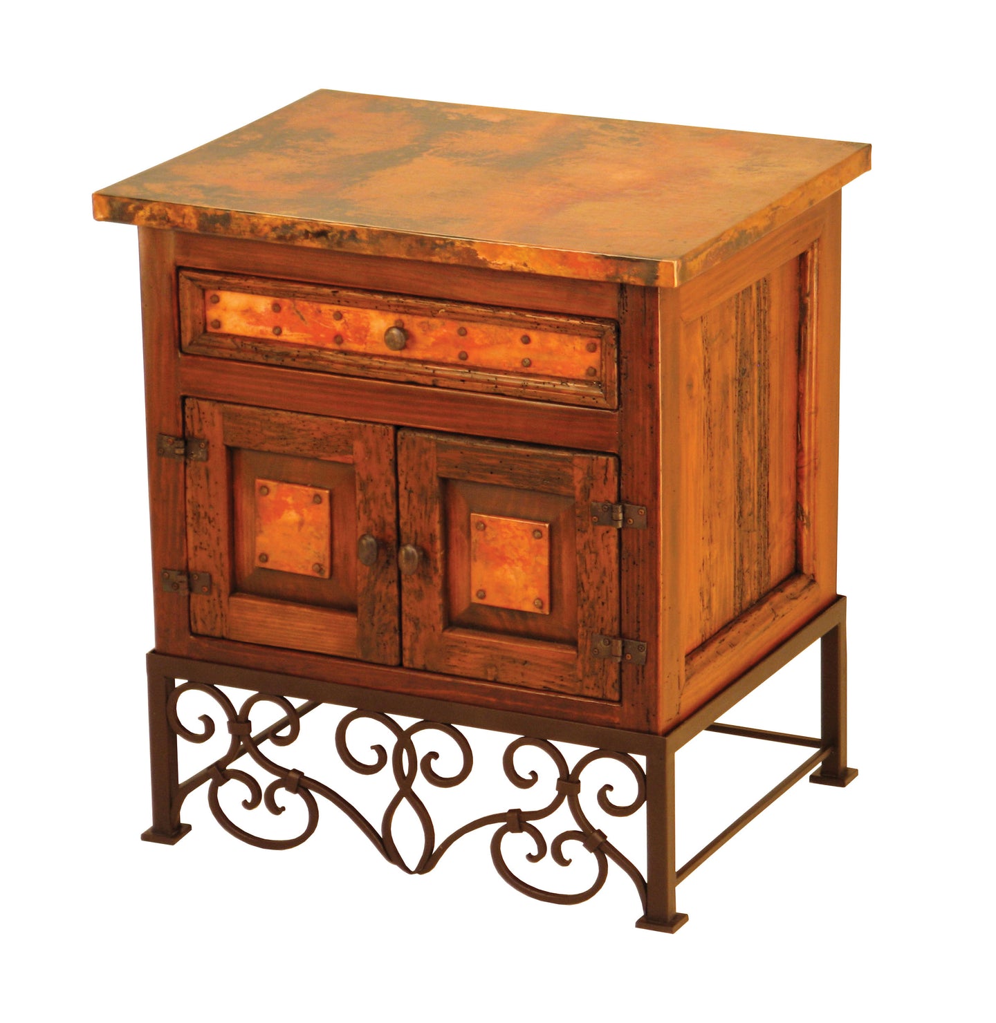 Country Nightstand in reclaimed wood with copper panels and Emily iron base. Rustic, customizable design with multiple wood, paint, and iron finish options.