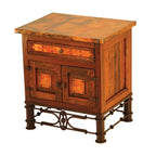 Country Nightstand in reclaimed wood with copper panels and Pablo iron base. Rustic, customizable design with multiple wood, paint, and iron finish options.