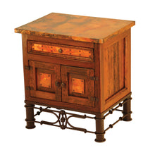 Load image into Gallery viewer, Country Nightstand in reclaimed wood with copper panels and Pablo iron base. Rustic, customizable design with multiple wood, paint, and iron finish options.