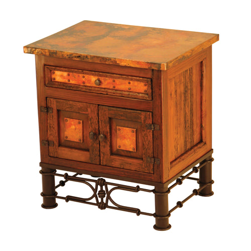 Country Nightstand in reclaimed wood with copper panels and Pablo iron base. Rustic, customizable design with multiple wood, paint, and iron finish options.