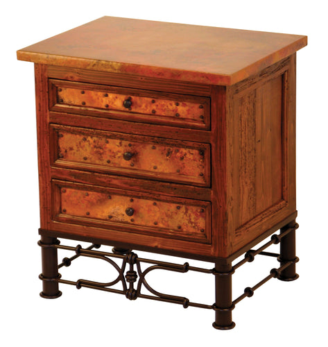 Country Three Drawer Nightstand in reclaimed wood with copper panels and Pablo iron base. Rustic, customizable design with multiple wood, paint, and iron finish options.