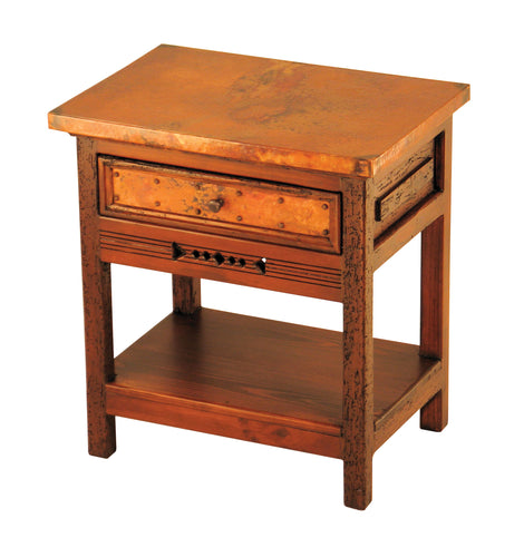 Taos Copper Nightstand in reclaimed wood with copper top and drawer. Rustic open-shelf design—custom wood, paint, and copper finishes available.