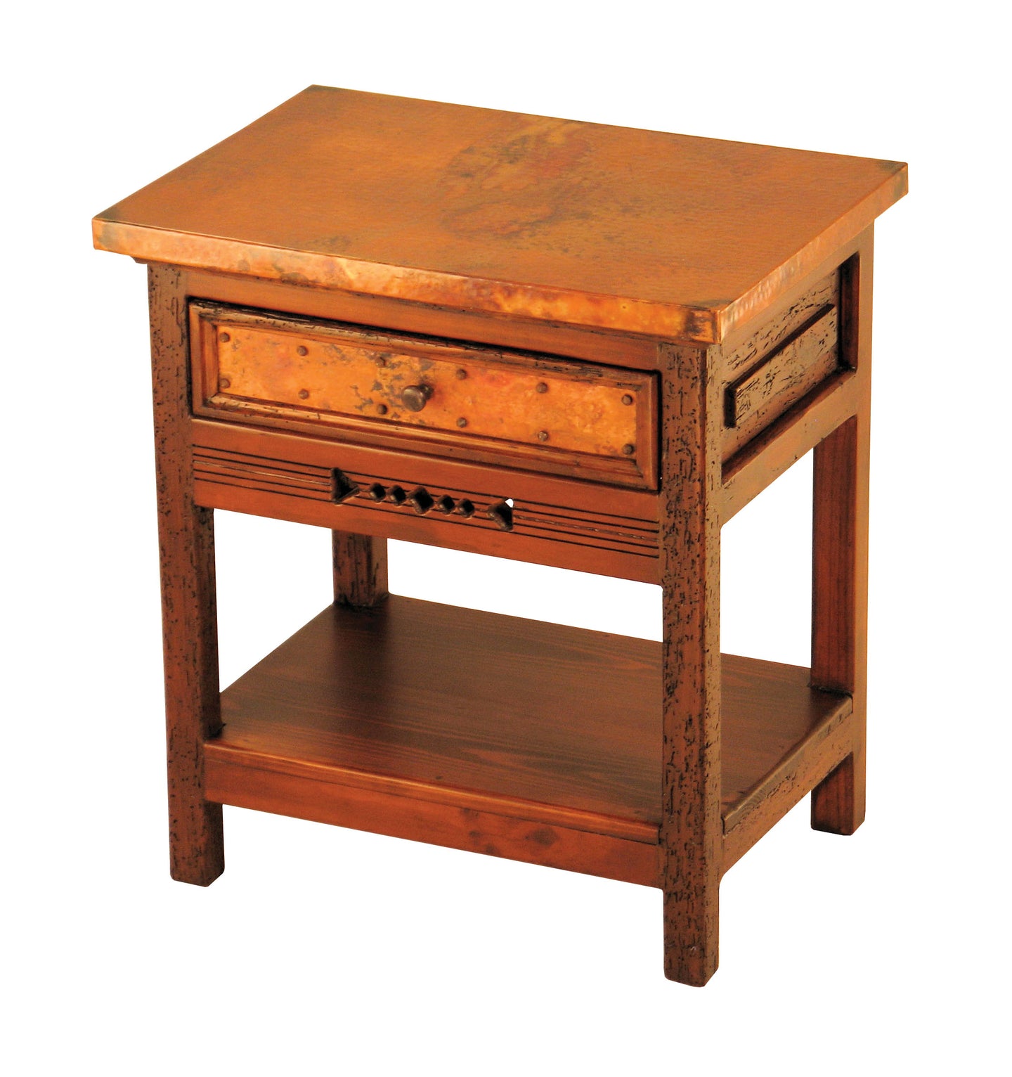 Taos Copper Nightstand in reclaimed wood with copper top and drawer. Rustic open-shelf design—custom wood, paint, and copper finishes available.