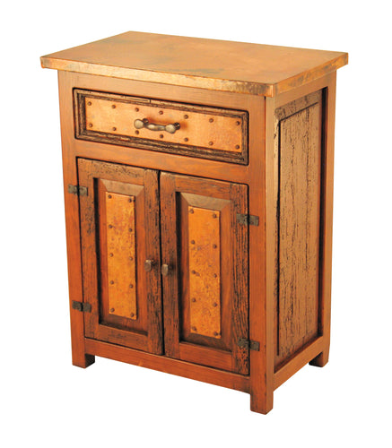 Deer Valley Copper Nightstand – Reclaimed wood with copper top, drawer, and cabinet doors. Rustic storage with custom wood and copper finishes.