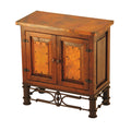 Two Door Copper Nightstand – Pablo Base with reclaimed wood, copper top, and ornate iron base. Rustic storage with customizable finishes.