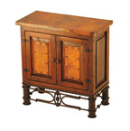 Two Door Copper Nightstand – Pablo Base with reclaimed wood, copper top, and ornate iron base. Rustic storage with customizable finishes.