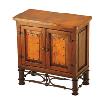 Load image into Gallery viewer, Two Door Copper Nightstand – Pablo Base with reclaimed wood, copper top, and ornate iron base. Rustic storage with customizable finishes.
