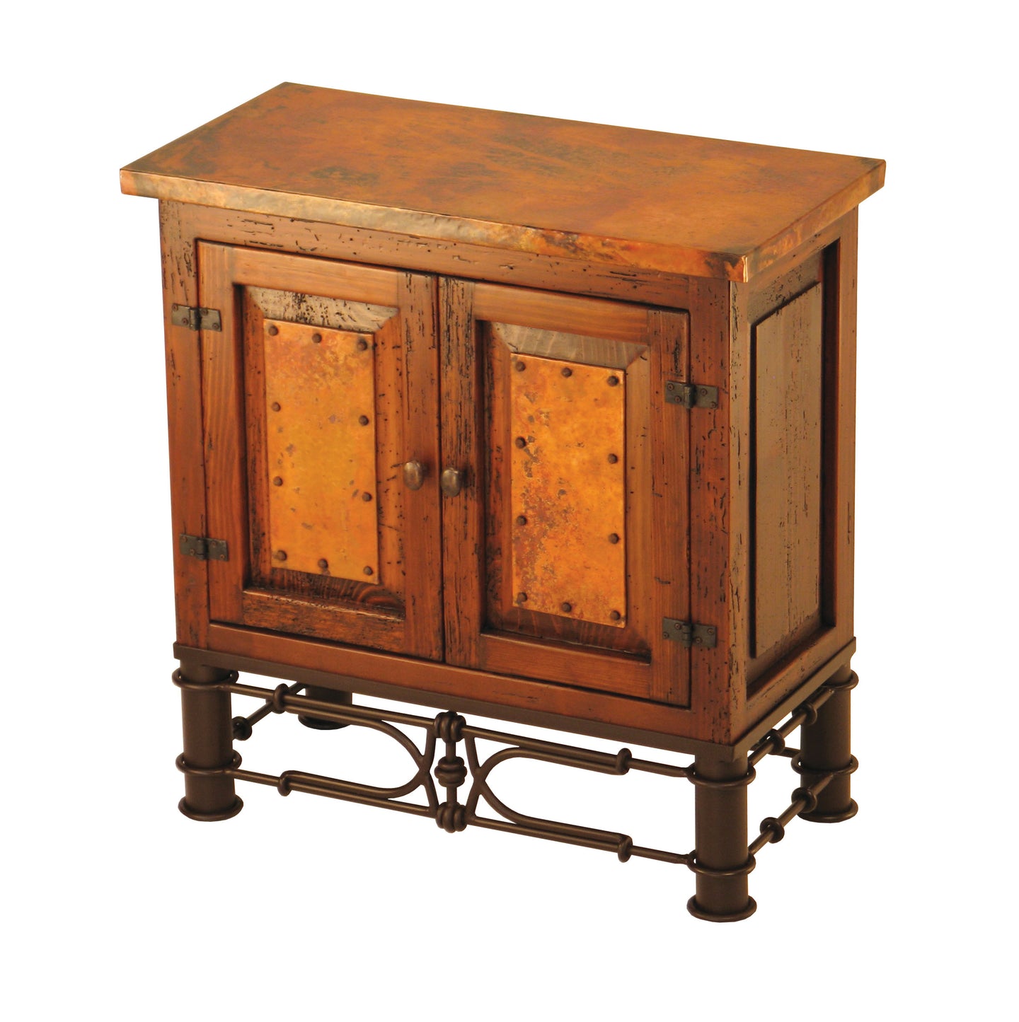 Two Door Copper Nightstand – Pablo Base with reclaimed wood, copper top, and ornate iron base. Rustic storage with customizable finishes.