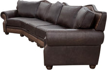 Load image into Gallery viewer, Upgrade your living space with The Houstonian Large Curved Sectional Sofa, crafted in Palio Dark Brown leather with Palio Café accents. A bold, elegant design with plush comfort and timeless Western-inspired detailing.