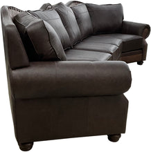 Load image into Gallery viewer, Upgrade your living space with The Houstonian Large Curved Sectional Sofa, crafted in Palio Dark Brown leather with Palio Café accents. A bold, elegant design with plush comfort and timeless Western-inspired detailing.