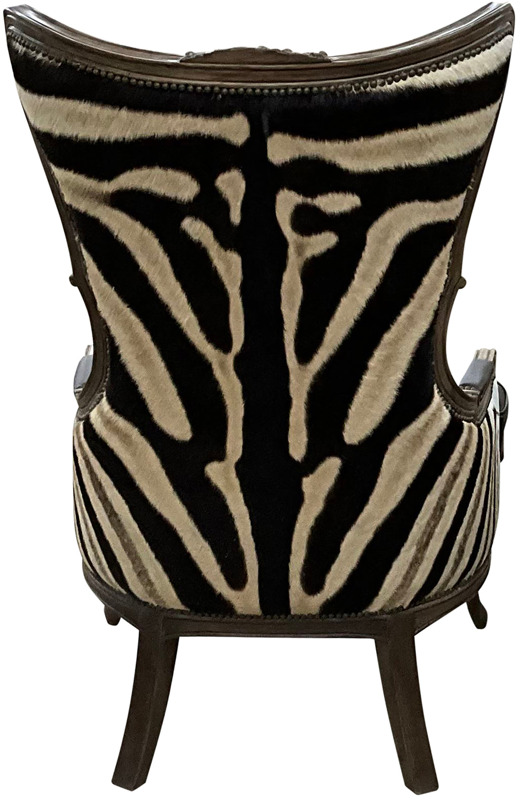 Serengeti Monarch Wingback – luxury Victorian safari style accent chair in Palio Texas leather with authentic zebra hide exterior. Perfect for high-end lodge and western interiors.