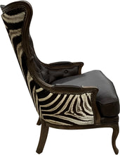 Load image into Gallery viewer, Serengeti Monarch Wingback – luxury Victorian safari style accent chair in Palio Texas leather with authentic zebra hide exterior. Perfect for high-end lodge and western interiors.