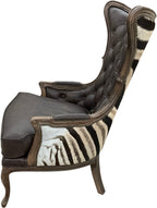 Serengeti Monarch Wingback – luxury Victorian safari style accent chair in Palio Texas leather with authentic zebra hide exterior. Perfect for high-end lodge and western interiors.