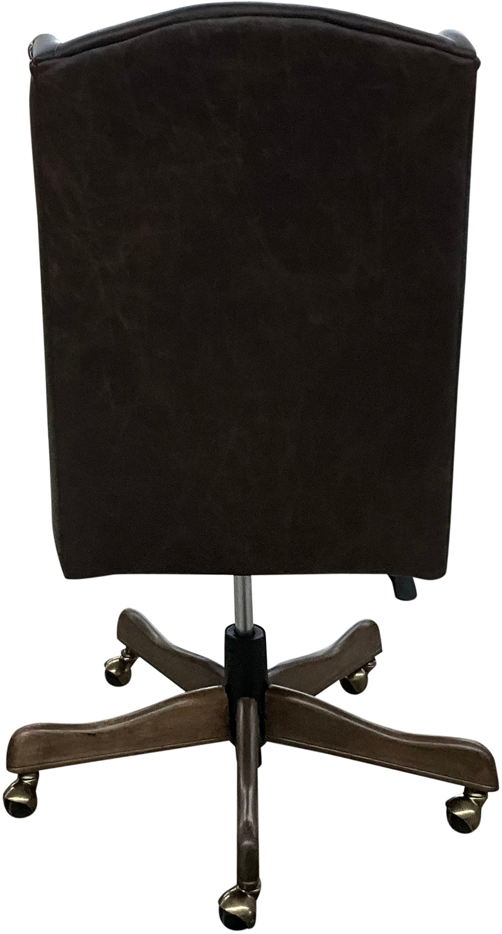 The Boardroom Desk Chair features Palio Texas full-grain leather, hand-tacked trim, and a solid wood base with brass casters. Handcrafted for comfort, durability, and executive Western elegance — fully customizable to your style.