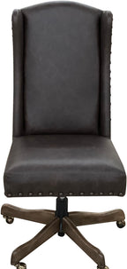 The Boardroom Desk Chair features Palio Texas full-grain leather, hand-tacked trim, and a solid wood base with brass casters. Handcrafted for comfort, durability, and executive Western elegance — fully customizable to your style.