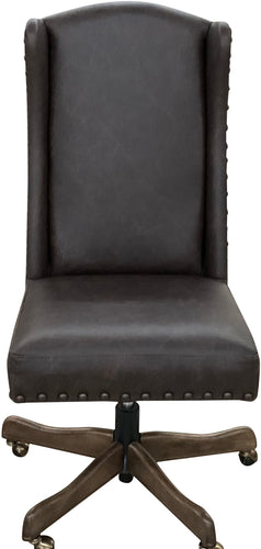 The Boardroom Desk Chair features Palio Texas full-grain leather, hand-tacked trim, and a solid wood base with brass casters. Handcrafted for comfort, durability, and executive Western elegance — fully customizable to your style.