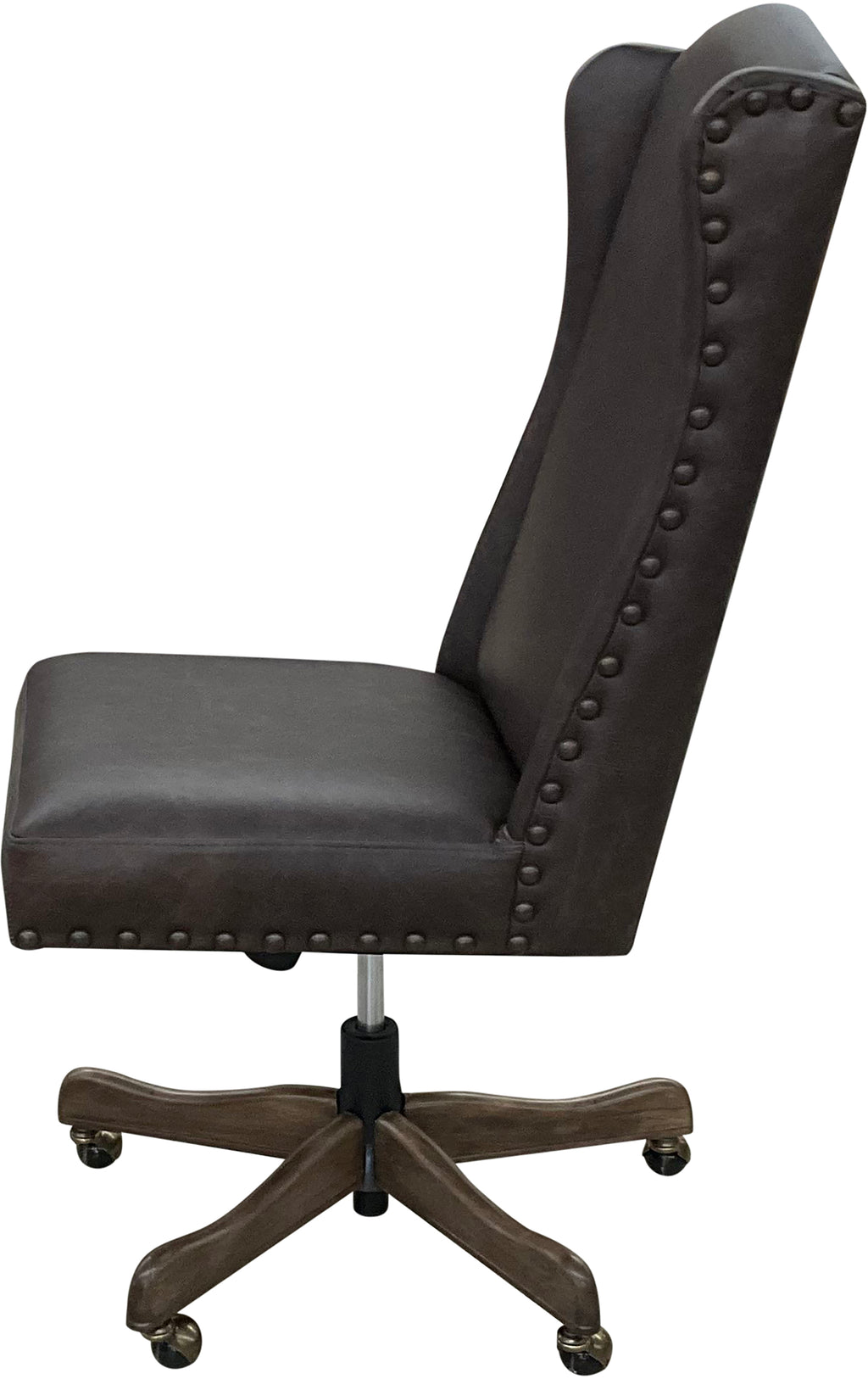 The Boardroom Desk Chair features Palio Texas full-grain leather, hand-tacked trim, and a solid wood base with brass casters. Handcrafted for comfort, durability, and executive Western elegance — fully customizable to your style.