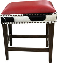 Load image into Gallery viewer, Red Holstein Saddle Style Western Red Leather, Black &amp; White Cowhide Barstool