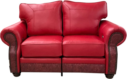 Red Holstein Western Red Leather, Floral Pomegranate Accent Leather, Black & White Cowhide Double Recliner Love Seat