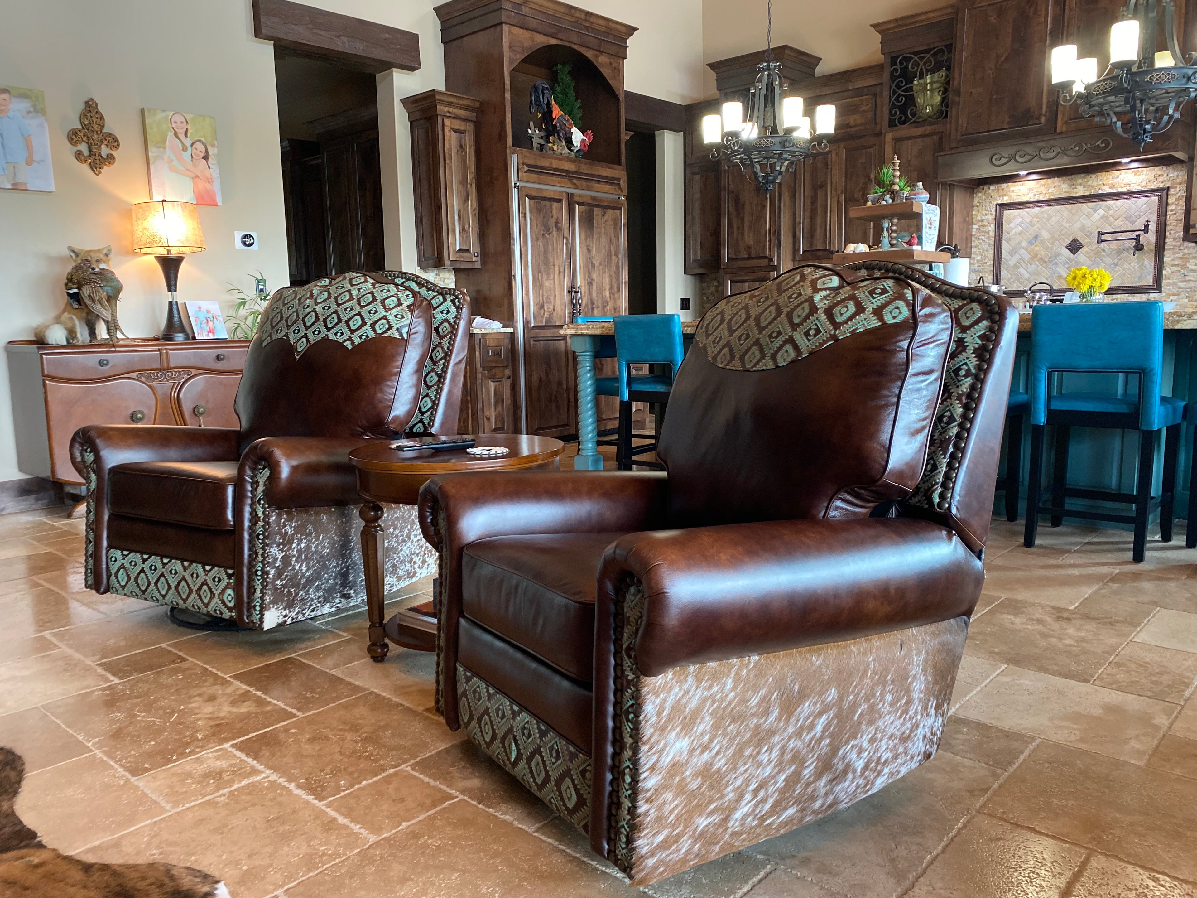 Lifestyle Image From Customer's Home Of Their Buckeye Southwestern Leather & Cowhide Swivel Glider Recliner