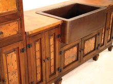 Load image into Gallery viewer, Upgrade your kitchen with a handcrafted copper sink and rustic storage cabinets. Featuring hammered copper, wood cabinetry, and iron details, this design combines beauty and function.