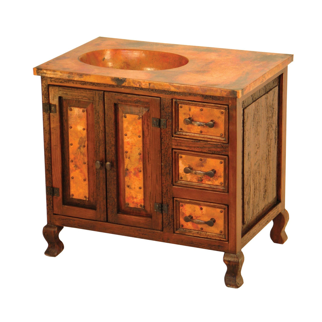 Discover the Copper Sink Vanity Cabinet—a handcrafted rustic bathroom vanity with hammered copper sink, wood frame, ample storage drawers, and multiple configuration options.